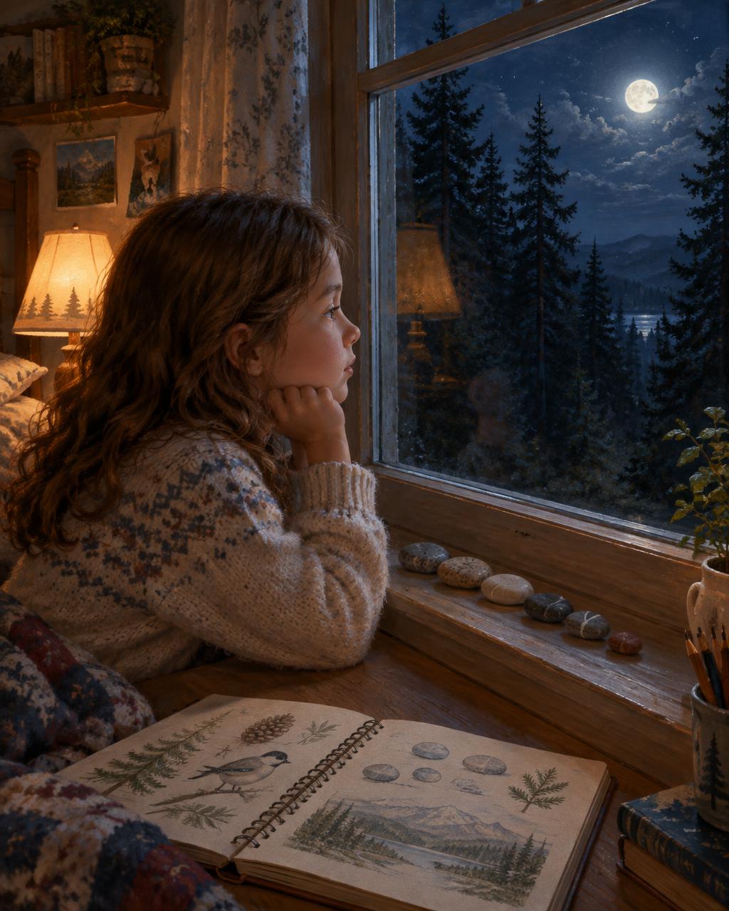 An eight-year-old girl in a knit sweater gazes through her bedroom window at the moonlit woods, a sketchbook and neatly lined pebbles beside her.