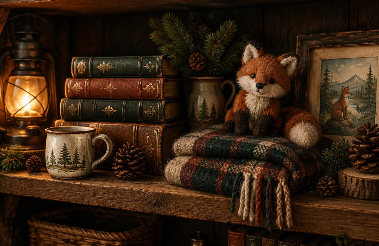 A rustic wooden shelf with old storybooks, a pine-tree mug, a plaid blanket and a plush fox in lantern light.