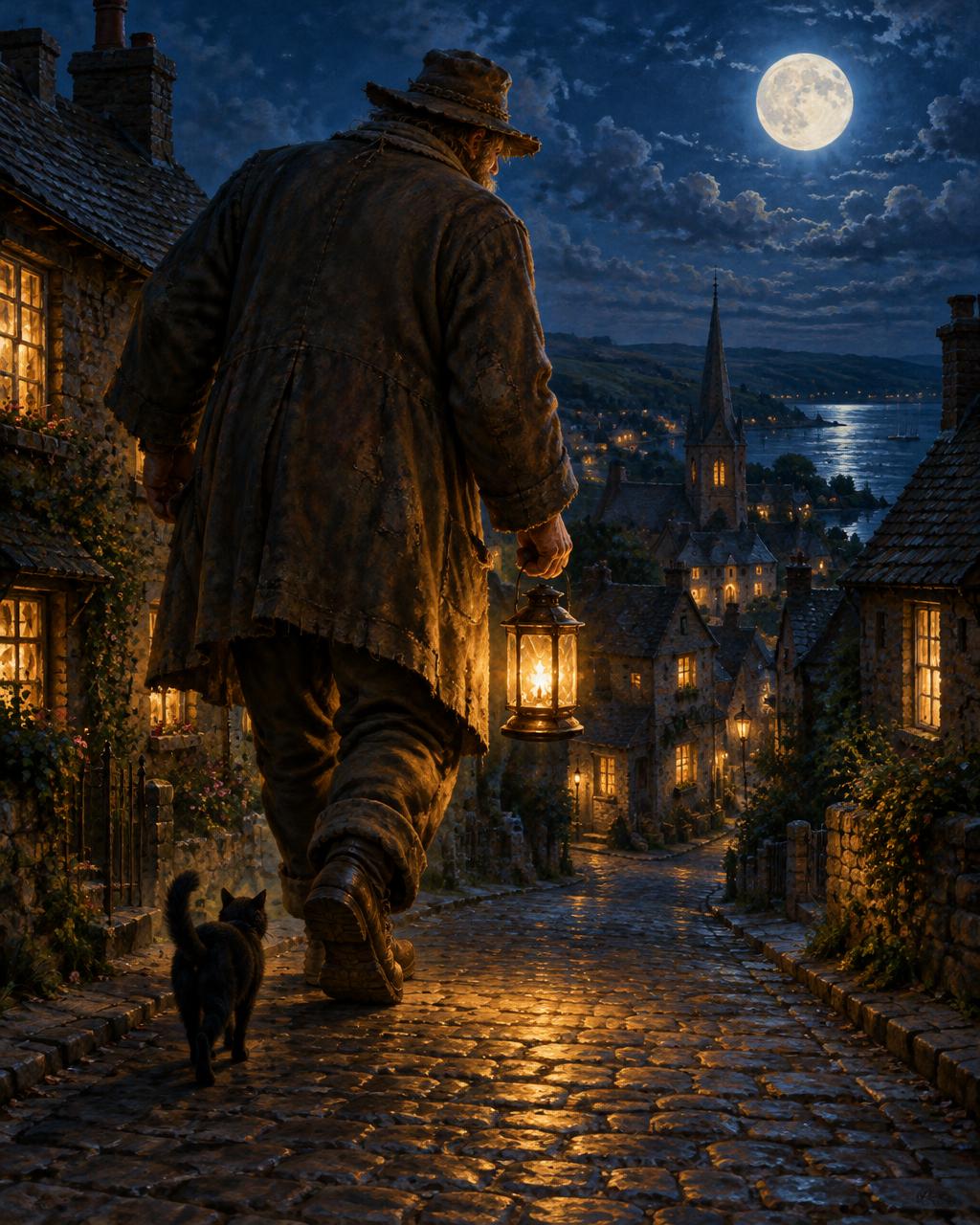 Tom walks down a moonlit cobblestone street carrying his lantern, a small black cat at his heels.