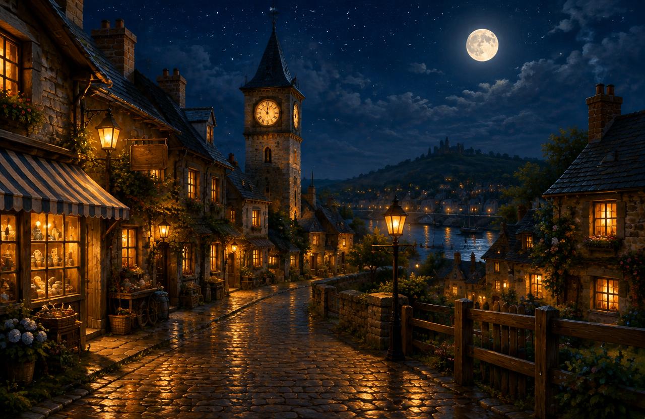 A cobblestone village street at night with a clock tower and glowing windows.