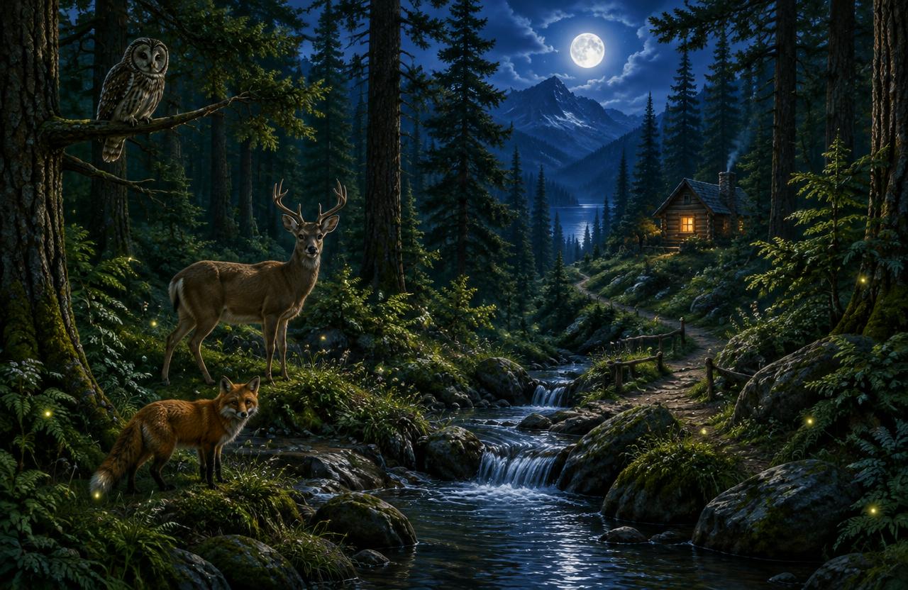 A moonlit pine forest with a deer, a fox, an owl, a stream and a hidden cabin.